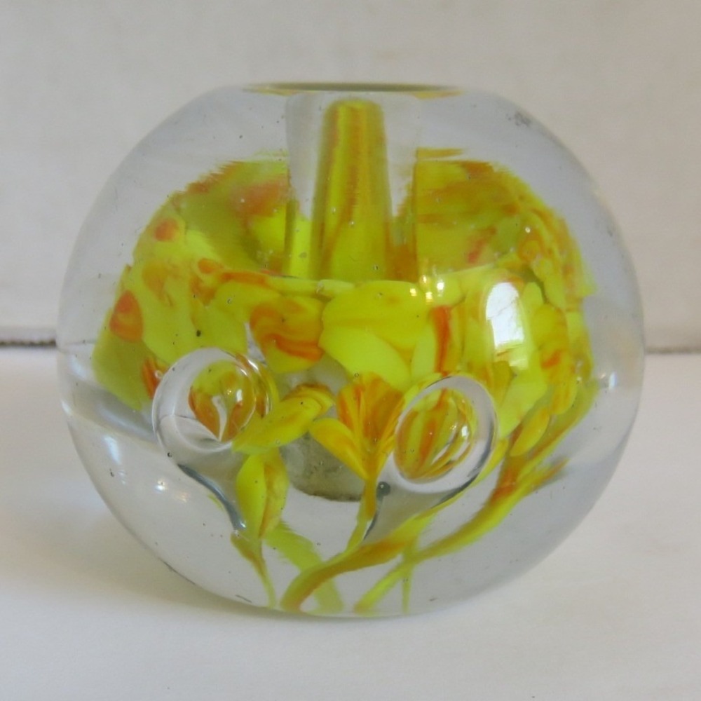 Vintage Art Glass Pen Holder Paperweight Yellow Orange Spatter Controlled Bubble